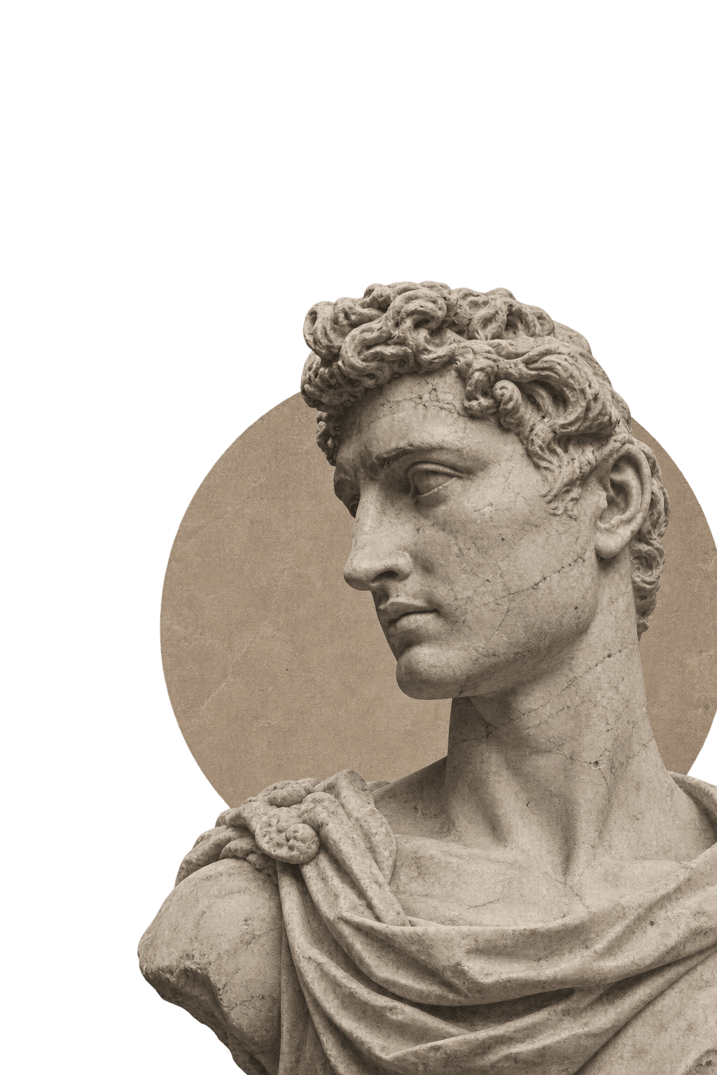 Marble bust of a young man with curled hair, looking over his shoulder, before a pale stone halo