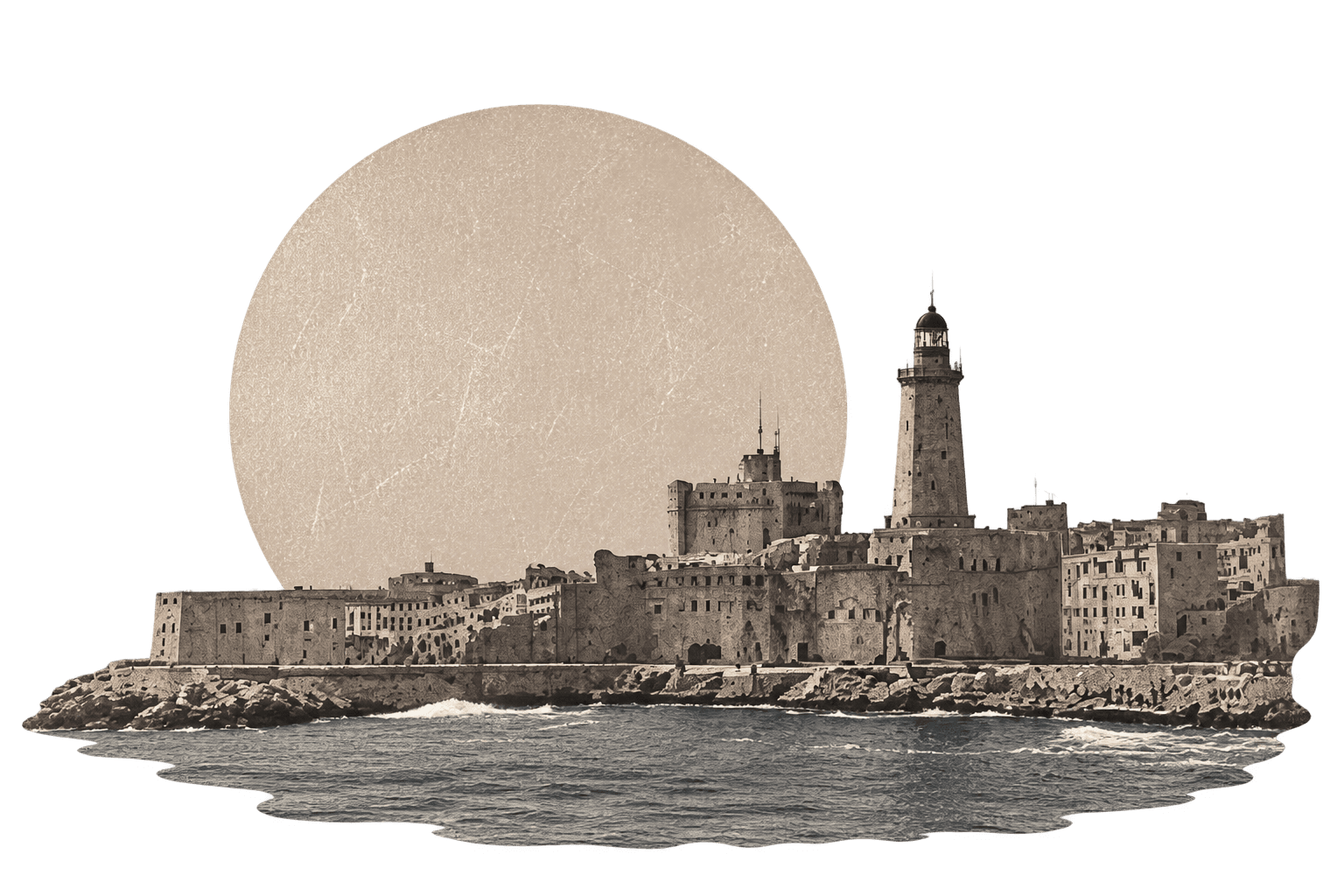 Qaitbay fort and the lighthouse of Alexandria before a pale sun