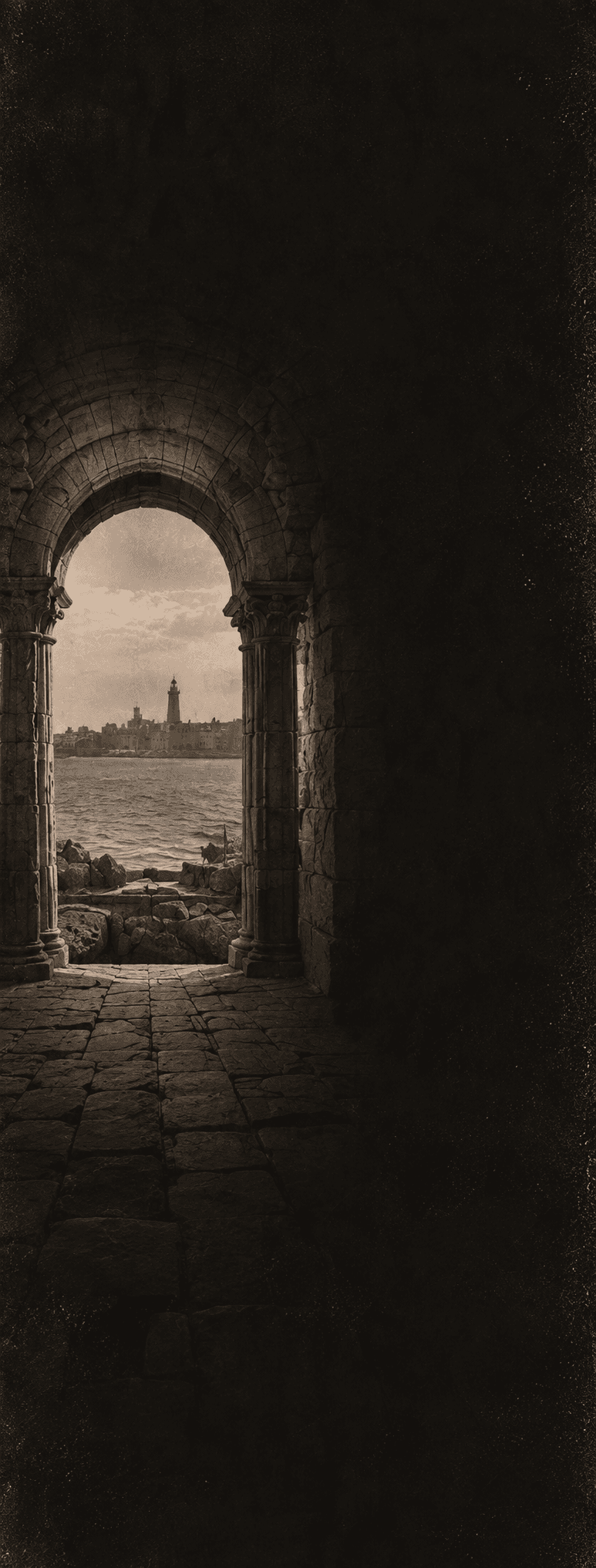 A stone archway opening onto the sea and the lighthouse of Alexandria