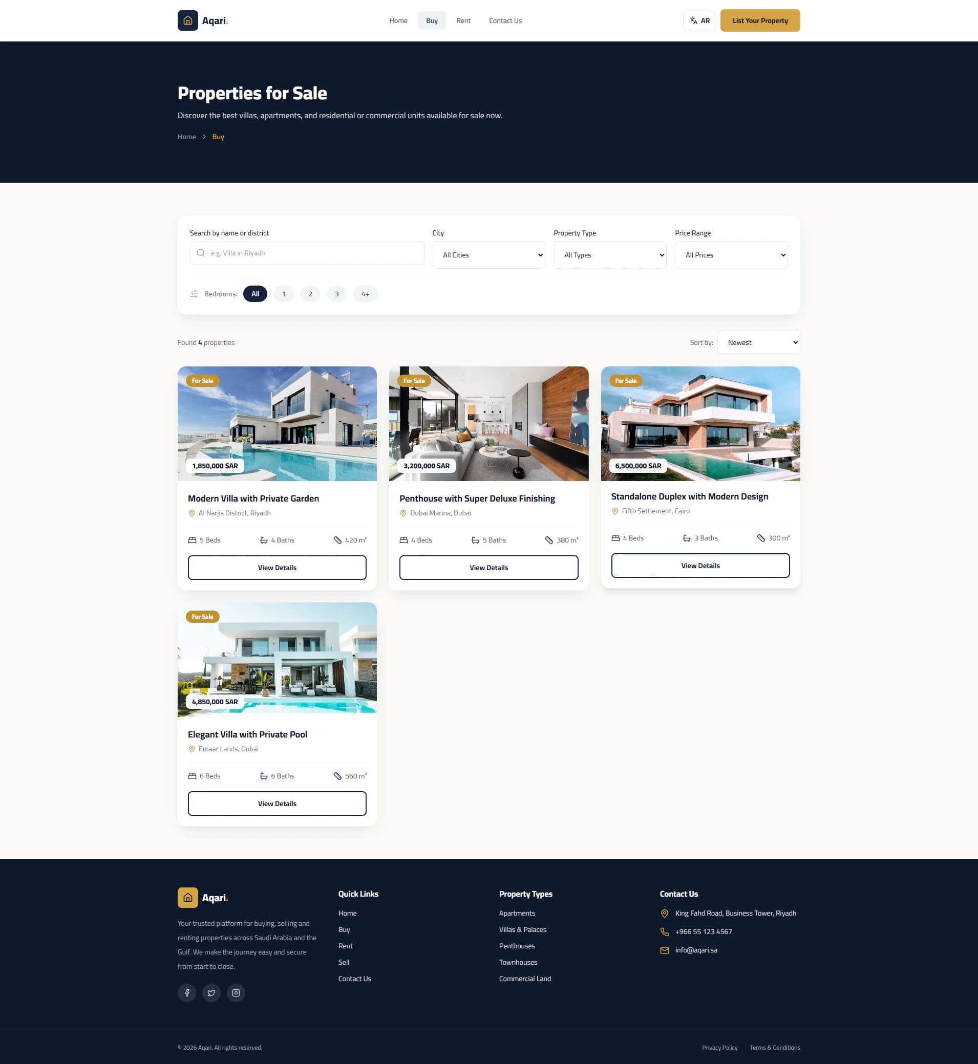 Properties for sale page with search, city, type, price and bedroom filters above property cards
