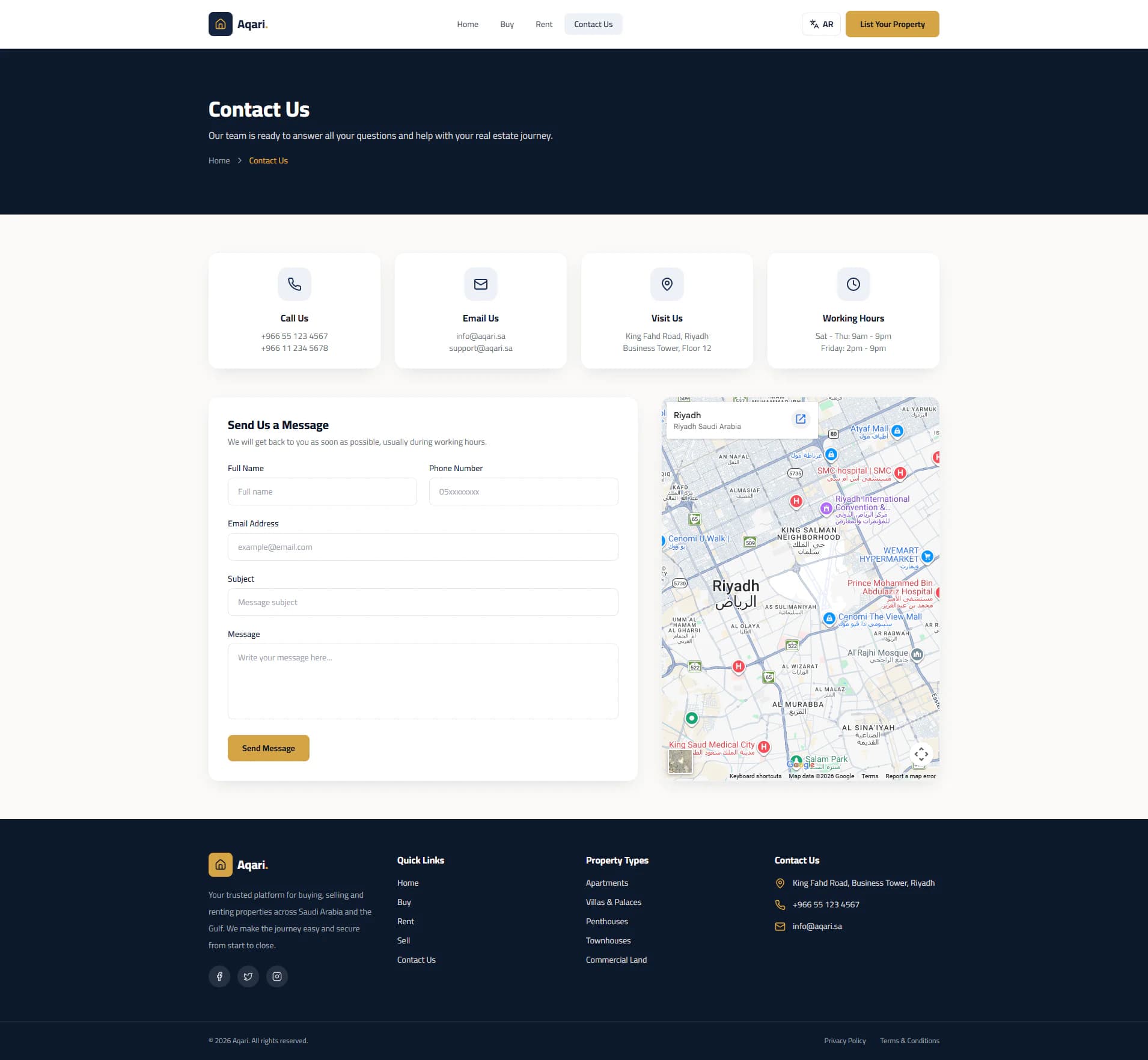 Contact page with contact cards, a map and a message form