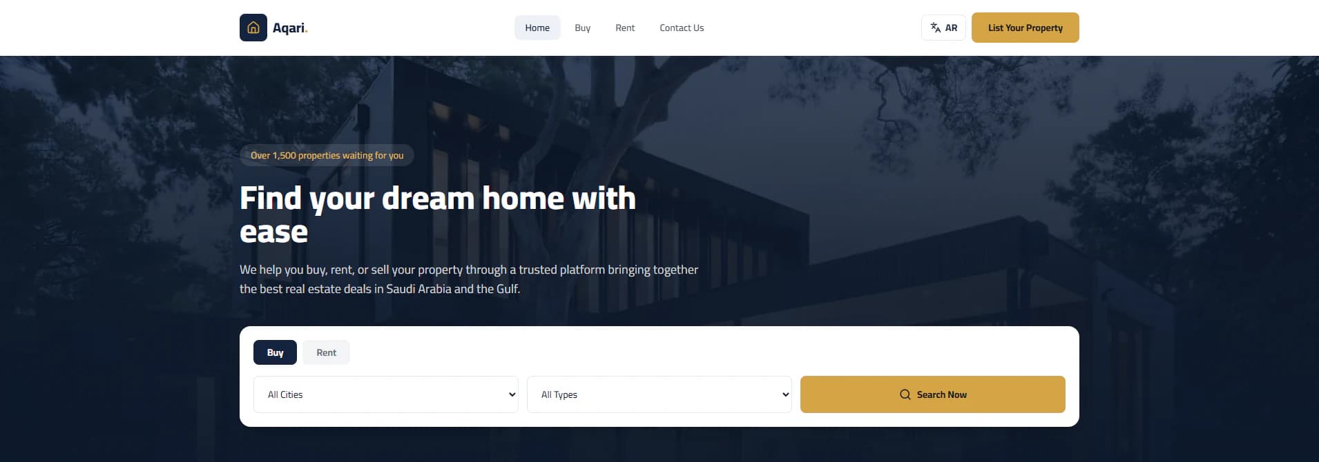 Aqari home page hero: navigation, headline and a buy / rent property search