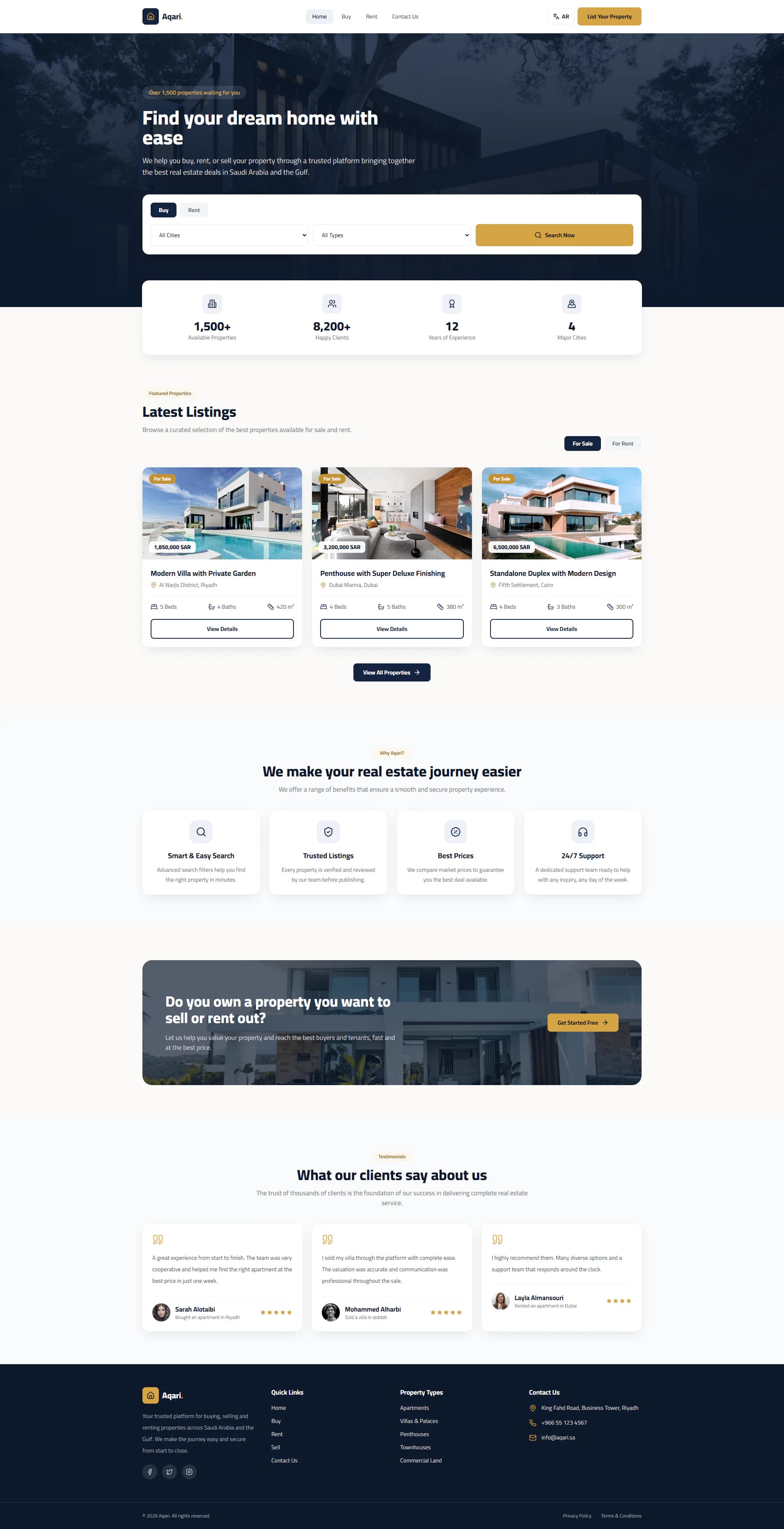 Aqari home page: hero with property search, latest listings, features, owner call-to-action and footer