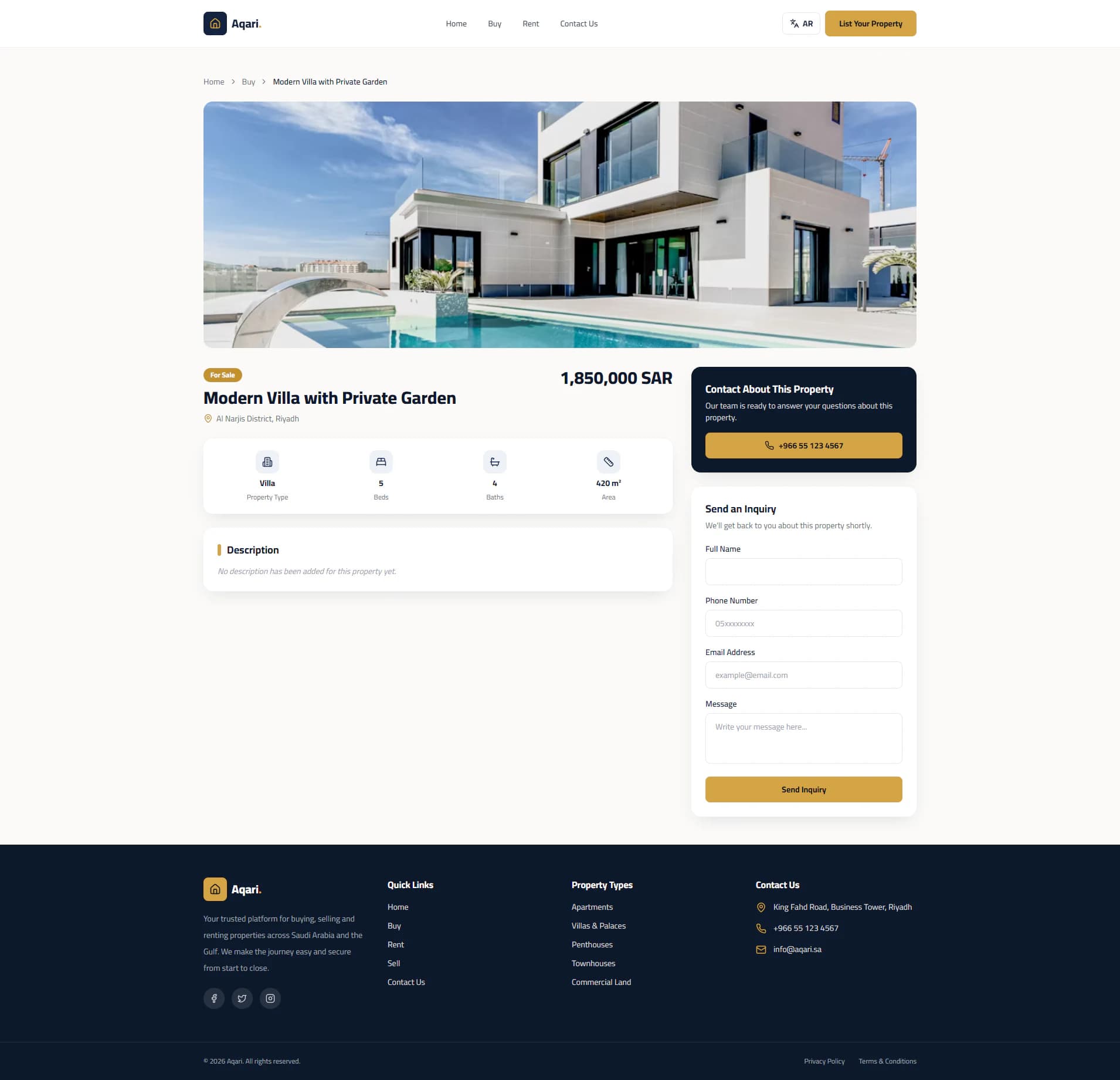 Property details page: photo, price, location, key facts, description and enquiry form