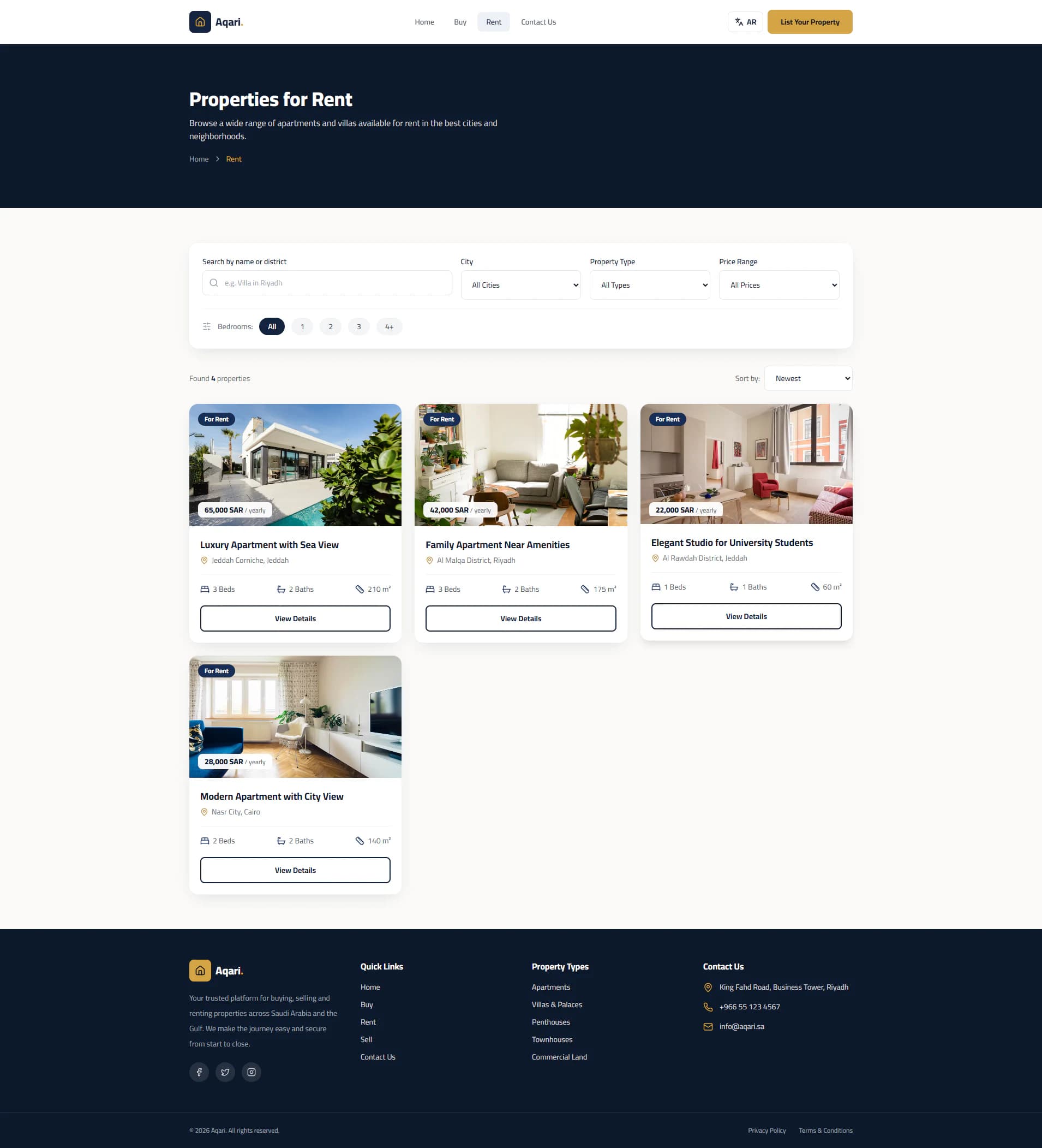 Properties for rent page with the same filters and rental property cards