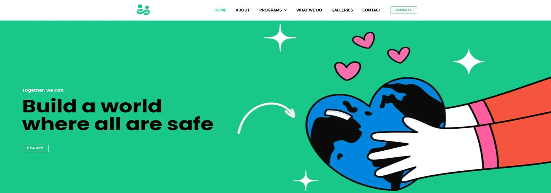 Concept charity home page: bold headline and donate button beside an illustration of hands holding the earth
