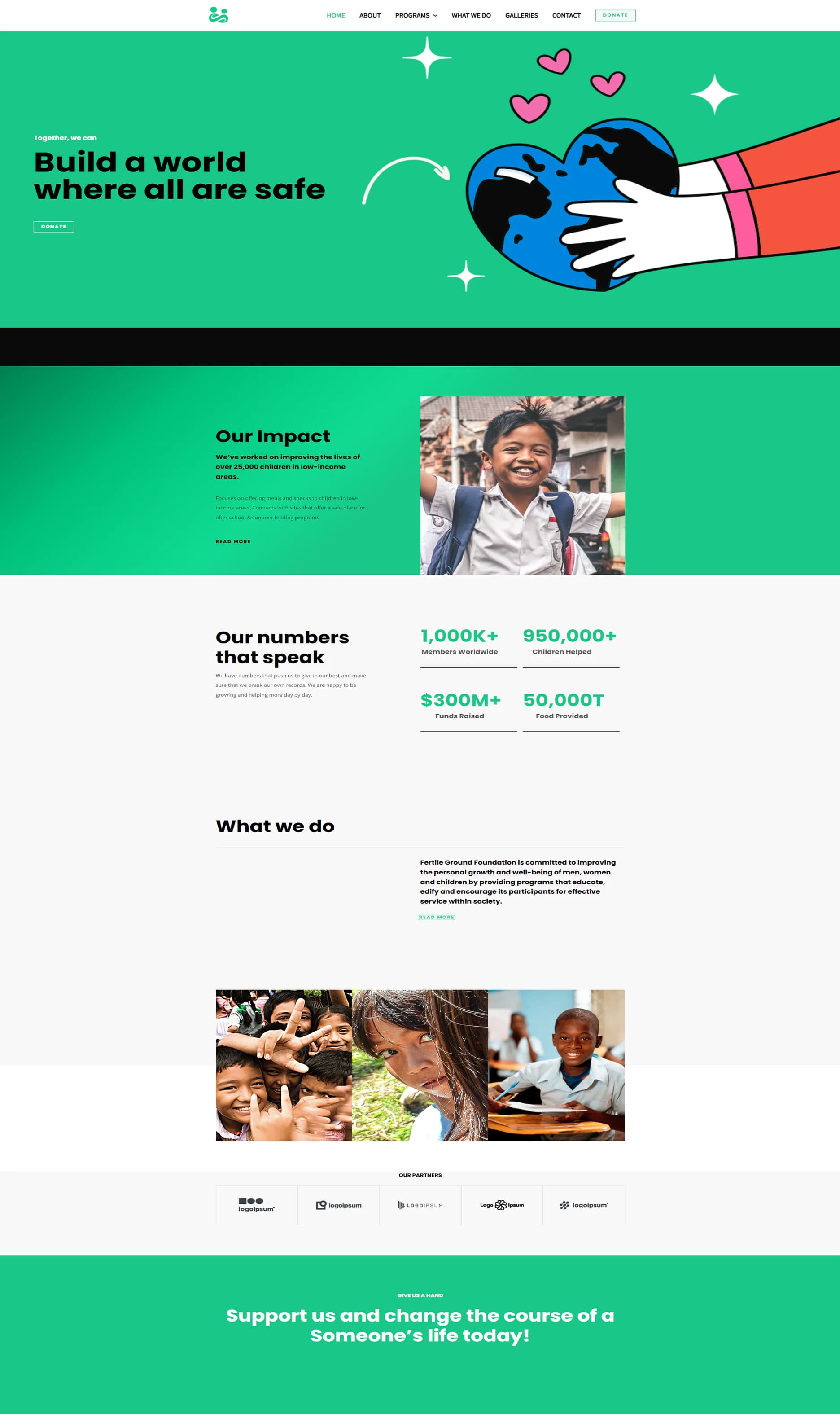 Full home page: impact, figures, what we do, gallery, partners and a closing call to action