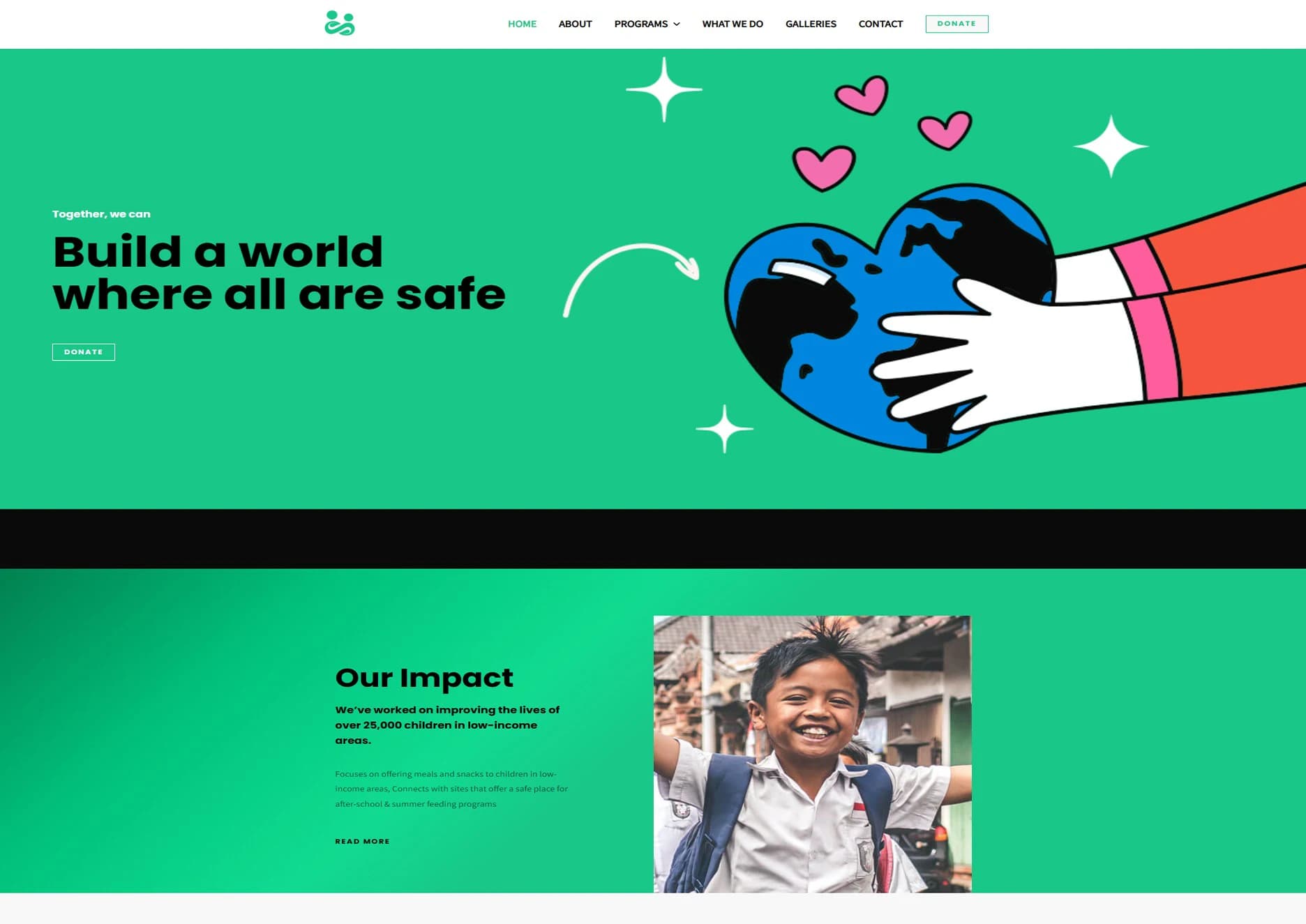 Concept charity home page with headline, donate button and an impact section