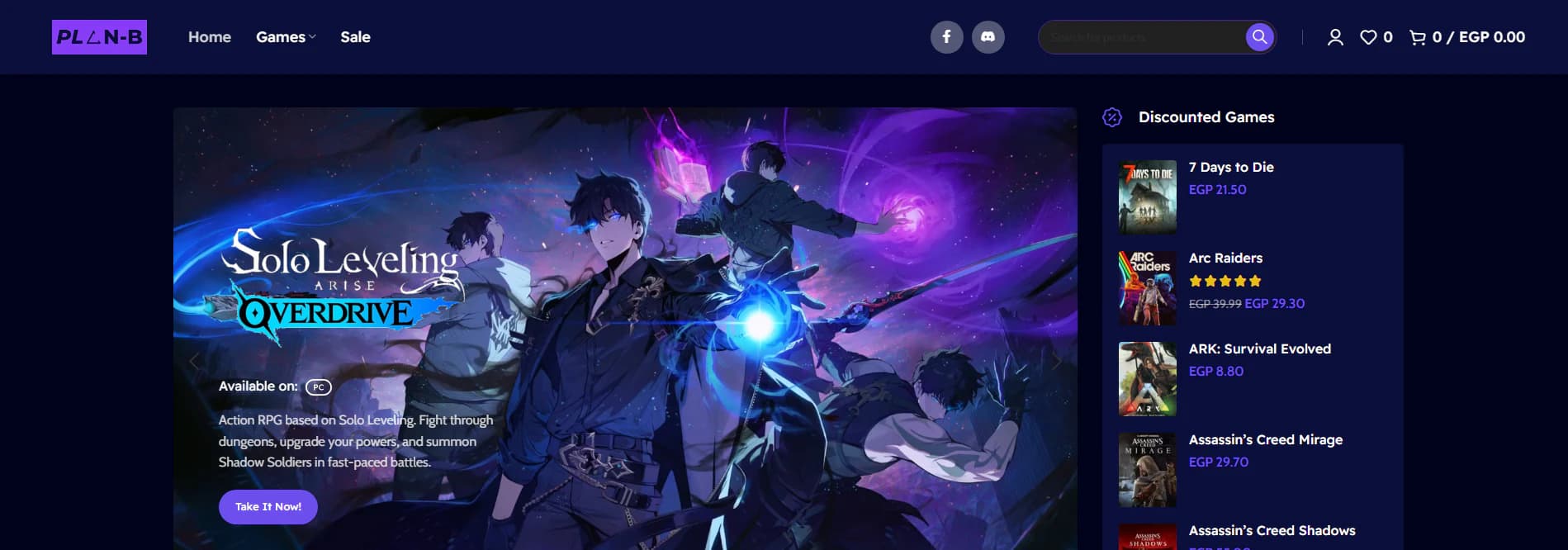 Plan B Store home page: featured game banner beside a list of discounted games