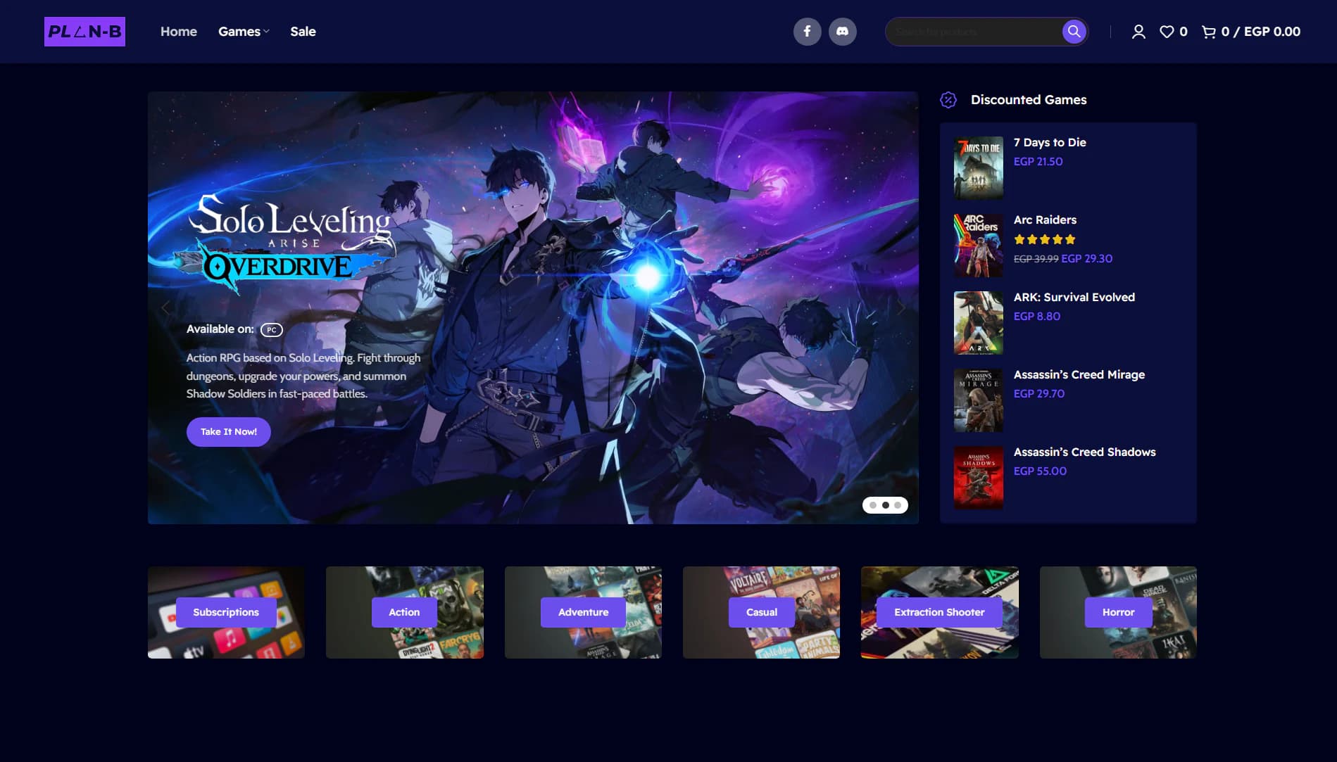 Plan B Store home page: featured game slider, discounted games list and category tiles