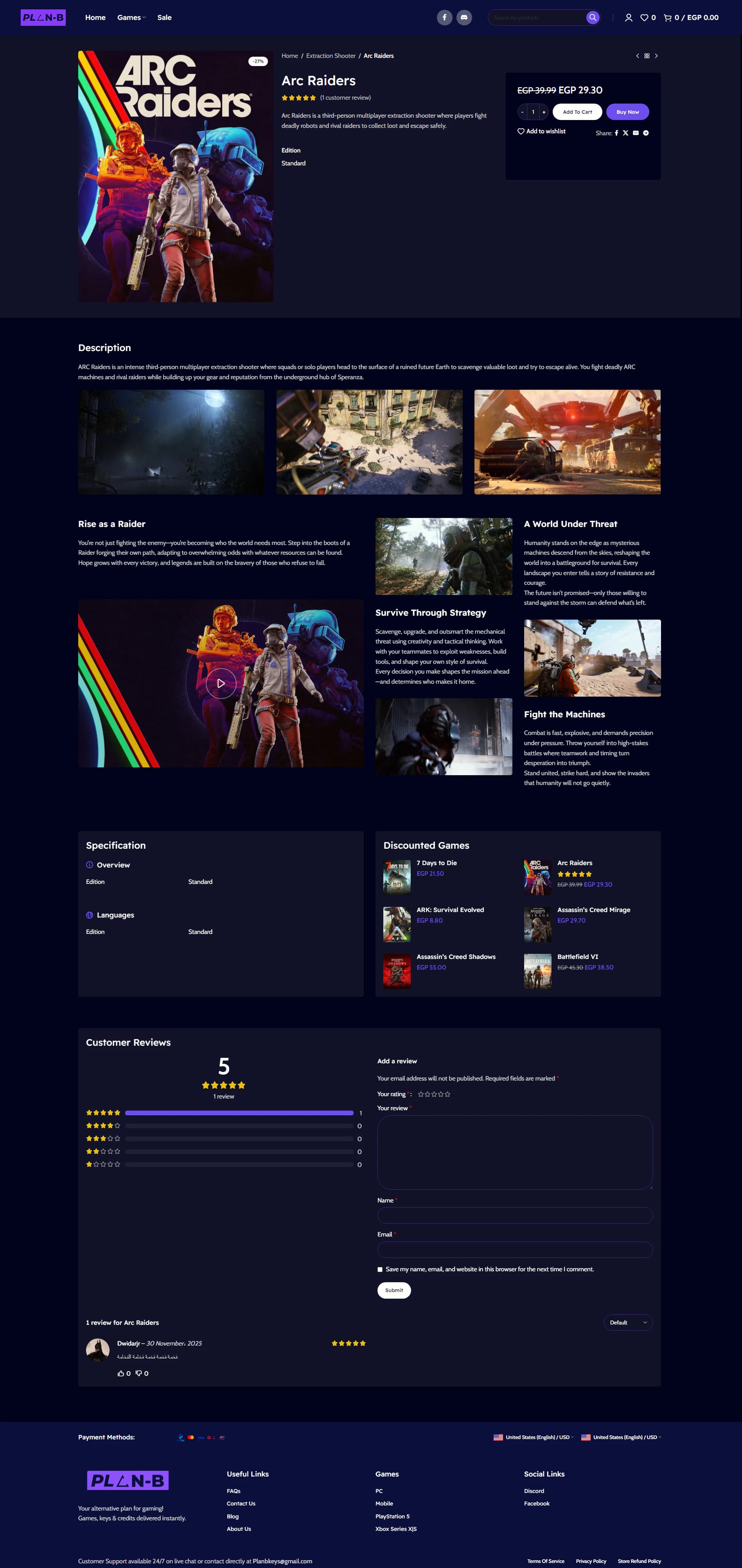 Product page with price, purchase panel, description, specification and customer reviews