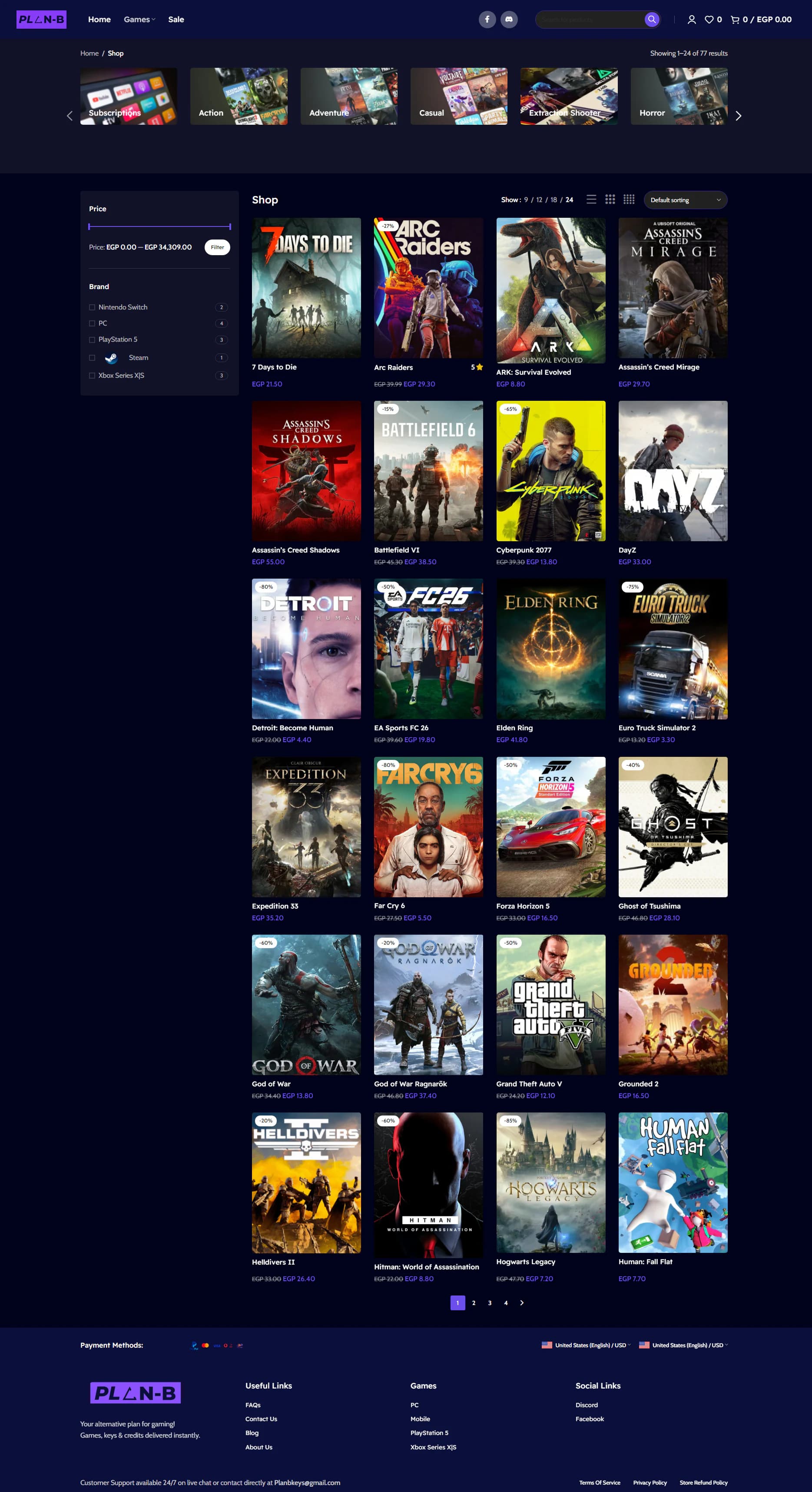 Shop page with category strip, price and brand filters and a grid of game products
