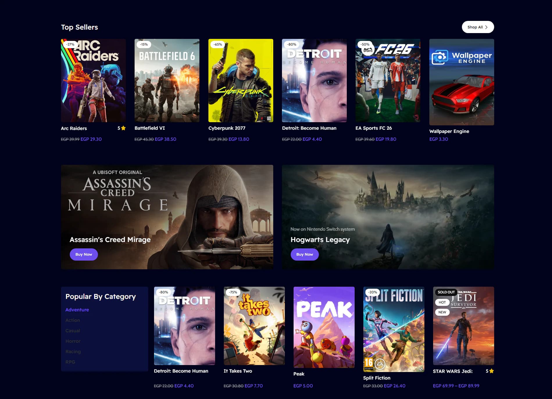 Top sellers row, featured game banners and a popular-by-category section