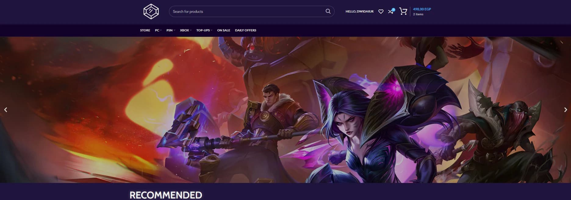 Gaming store home page: full-width game artwork banner above the store navigation