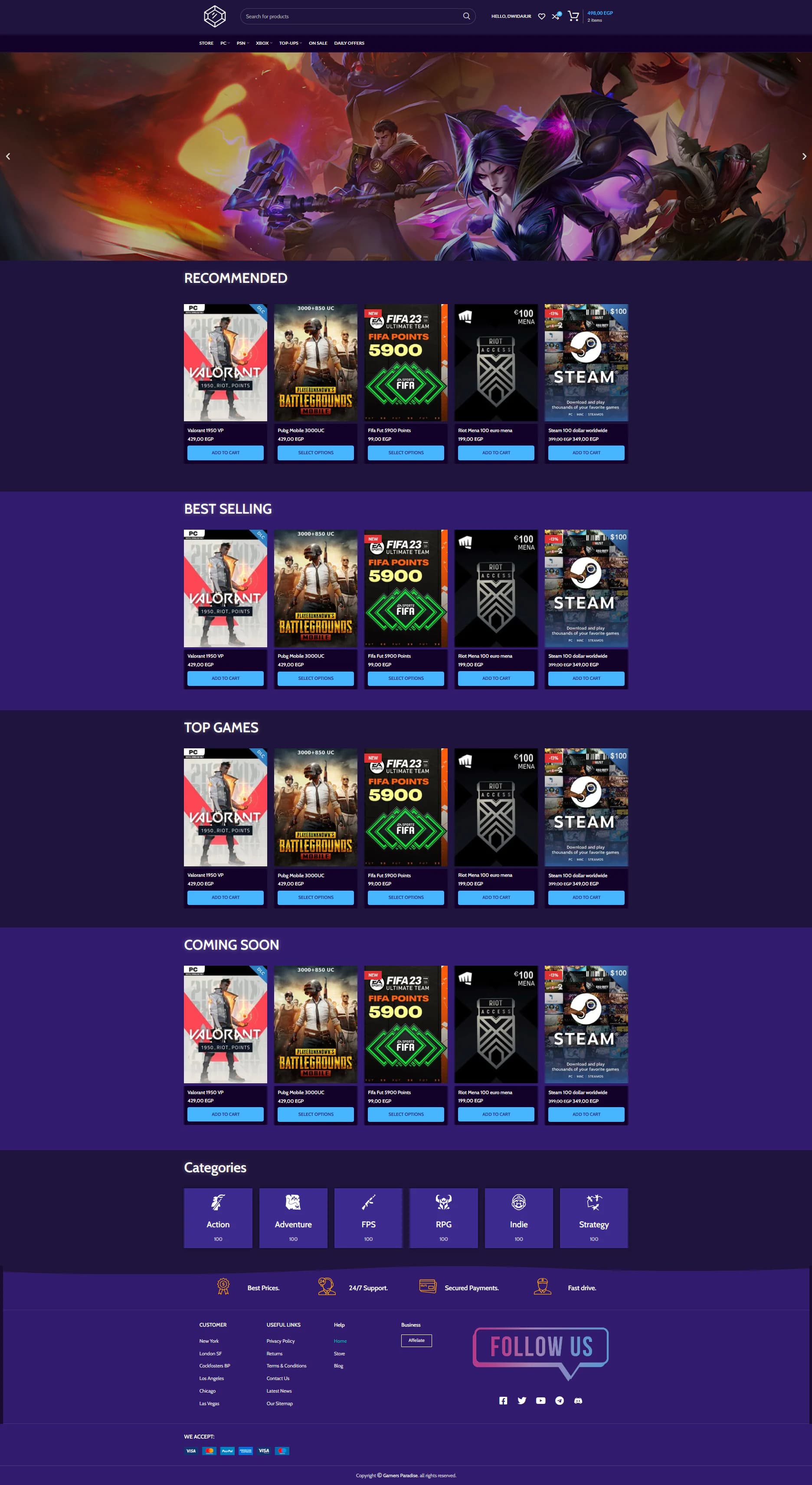 Full home page: recommended, best selling, top games and coming soon rows above the category grid