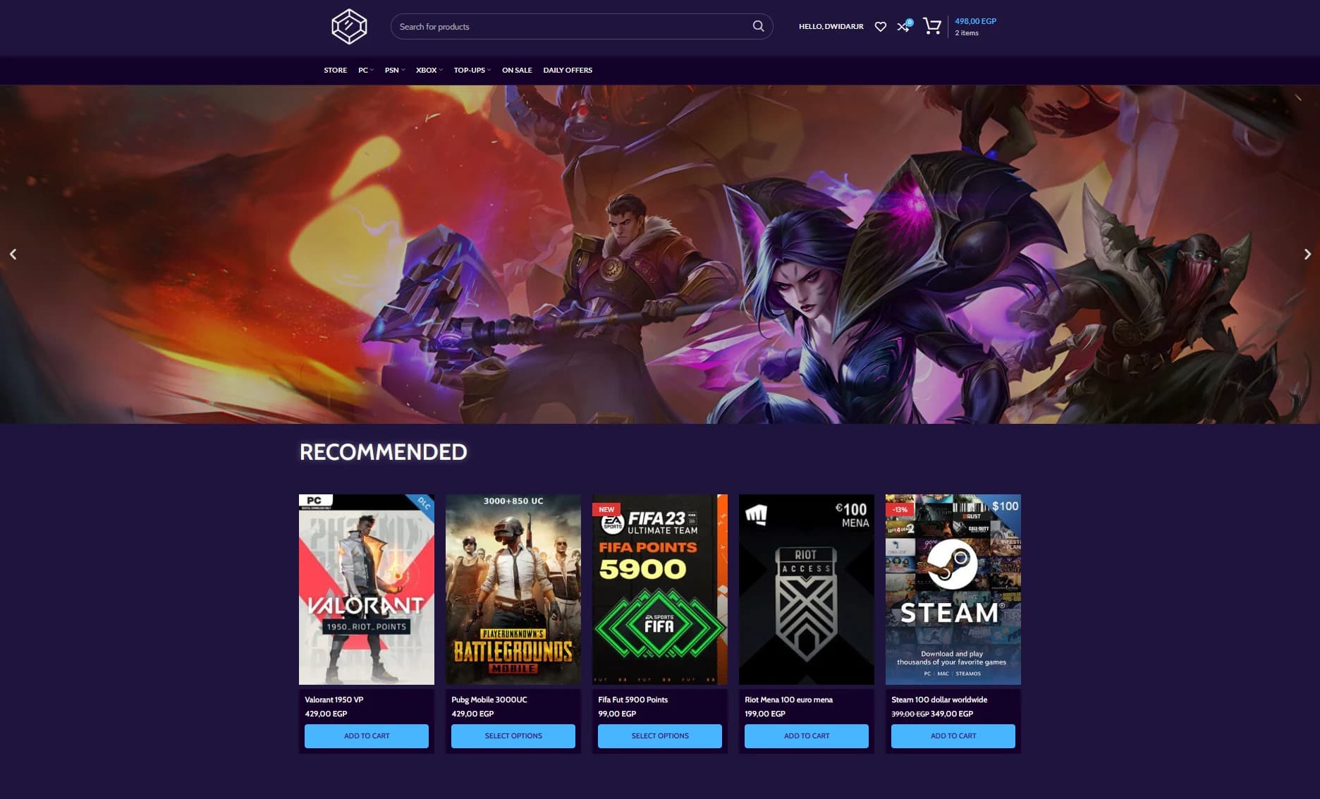 Gaming store home page with a game artwork banner and a row of recommended products