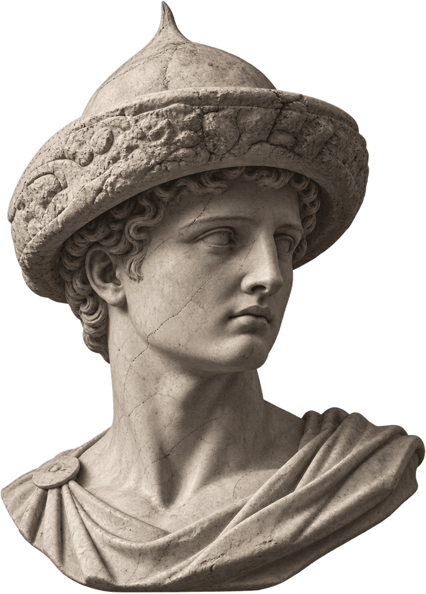 Marble bust of a youth wearing a carved travelling hat