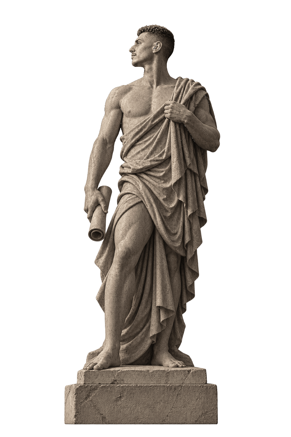 Marble statue of a young man in a draped toga holding a scroll, gazing into the distance
